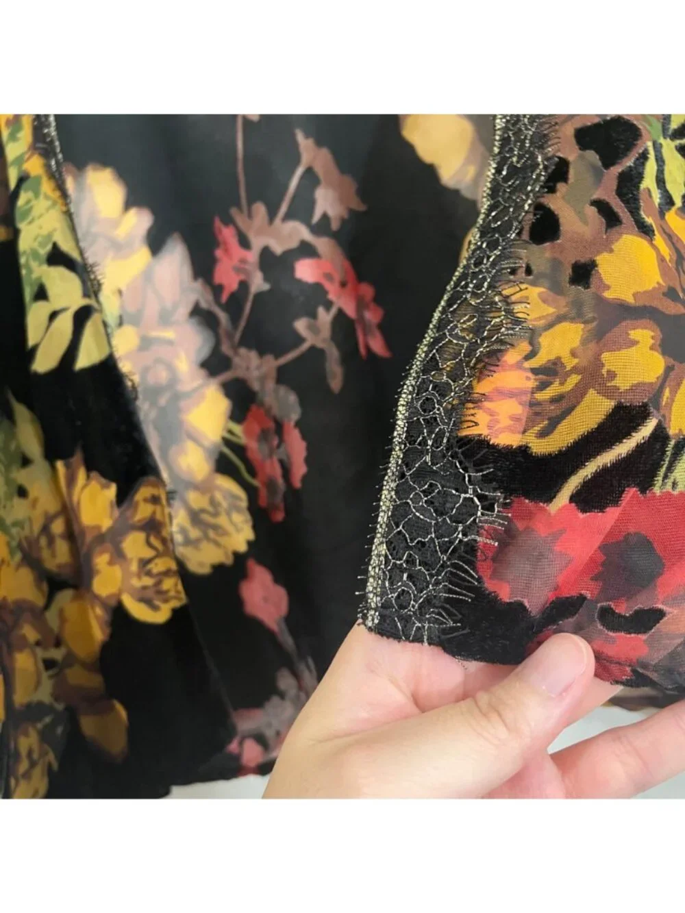 W5 Floral Burnout Velvet Kimono Cardigan XL Lace Sheer Boho Whimsical Dark Fairy